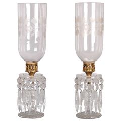 Antique Pair of Early 19th Century Cut-Glass Table Lights with Storm Shades
