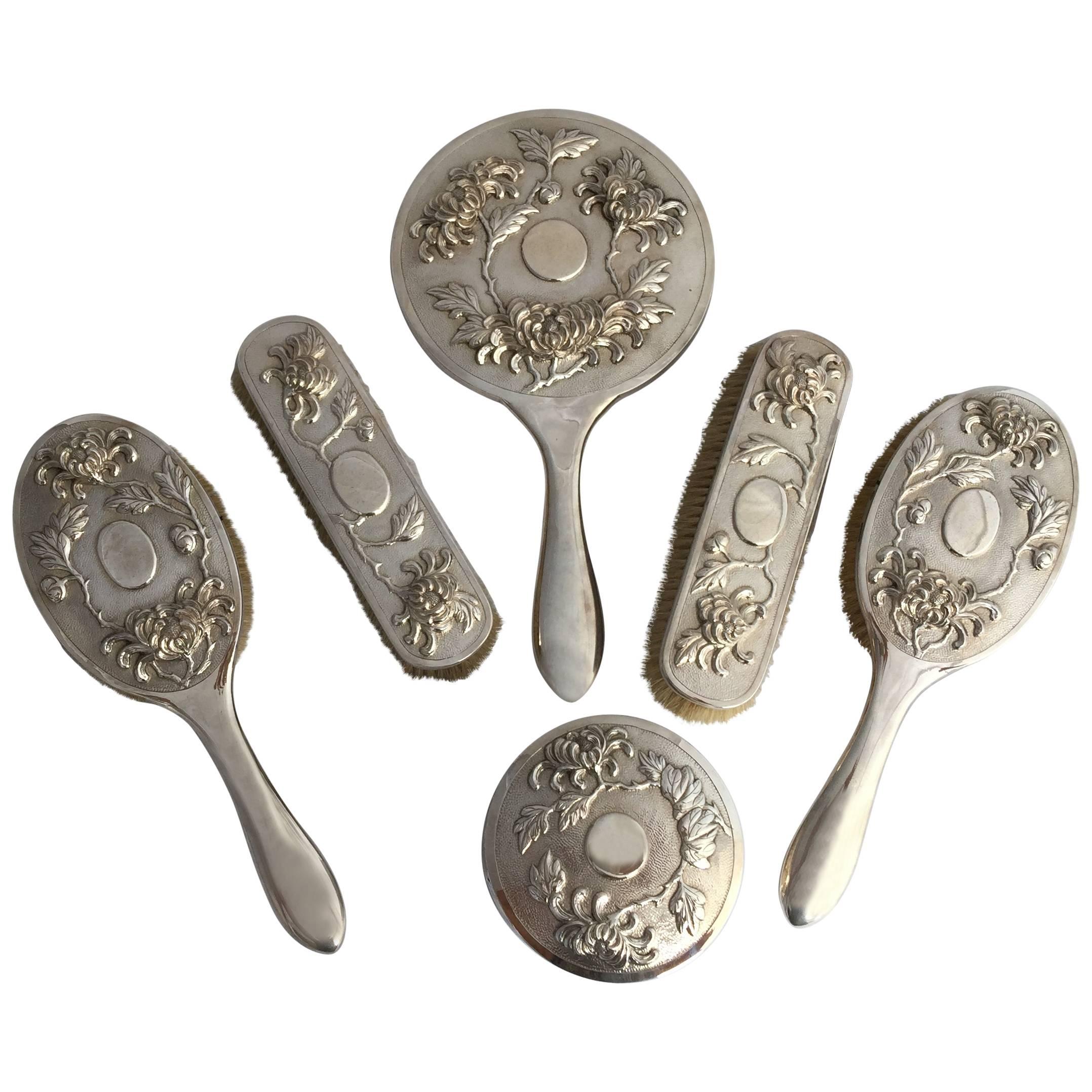 Chinese Export Silver Six-Piece Vanity Set with Repousse Worked Chrysanthemums  For Sale