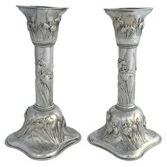 Pair of Tall Japanese Export Silver Columnar Candlesticks with Iris Detail