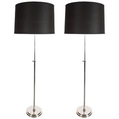 Elegant and Crisp Pair of Mid-Century Modernist Polished Nickel Floor Lamps 6