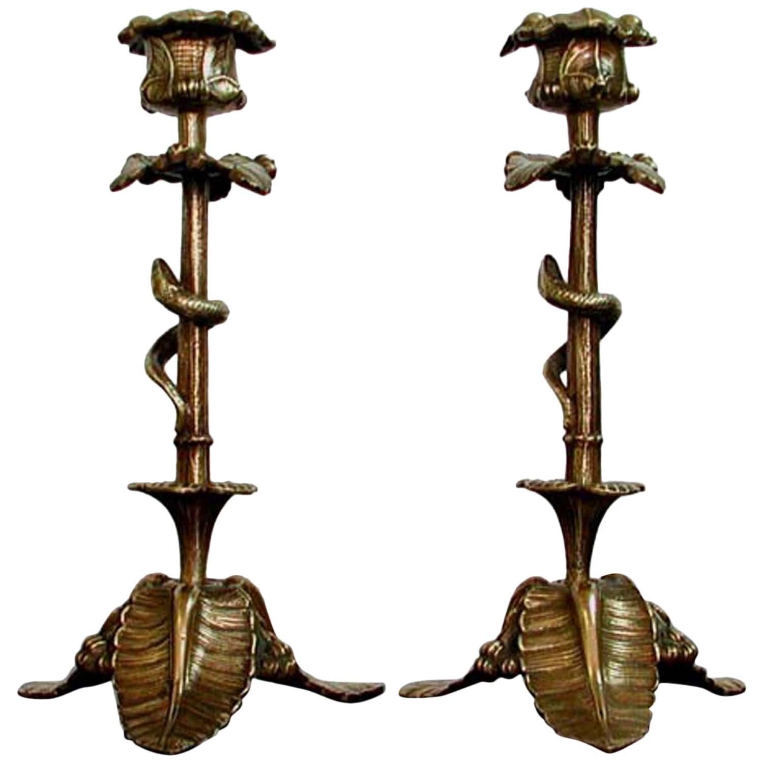 Late 19th Century German Serpent Bronze Candlesticks 