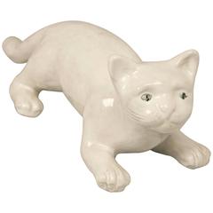 Retro French White Pottery Cat from Normandy