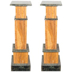 Mid-Century Pair of Travertine Pedestals with Verde Marble