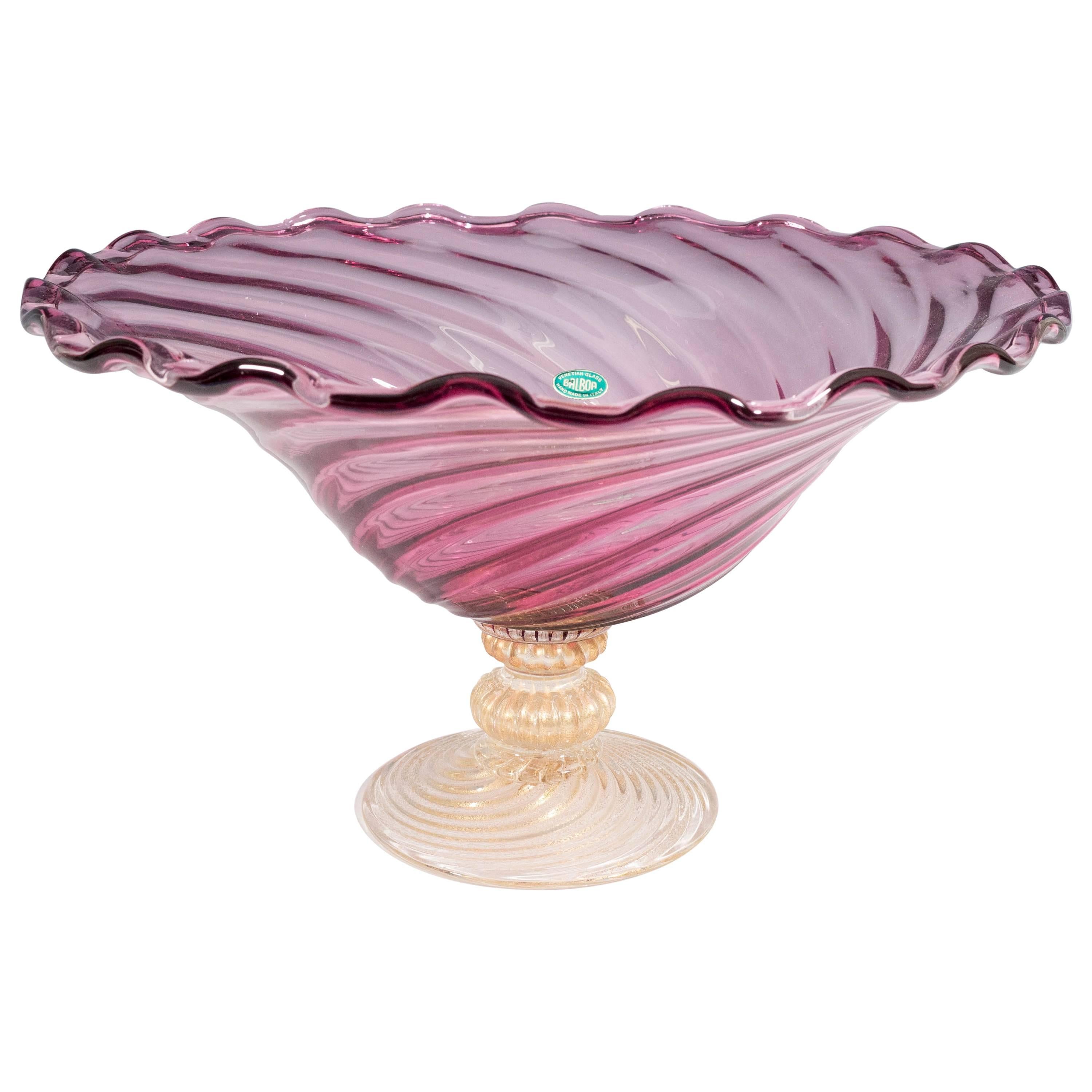 Mid-Century Fratelli Toso Pink Glass Bowl with Infused Gold Pedestal