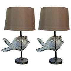 Retro Pair of Blenko Handblown Glass and Chrome Fish Lamps