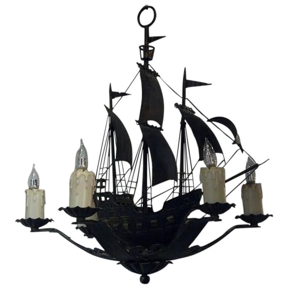 Nautical Form Wrought Iron and Tole Chandelier