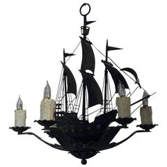 Antique Nautical Form Wrought Iron and Tole Chandelier