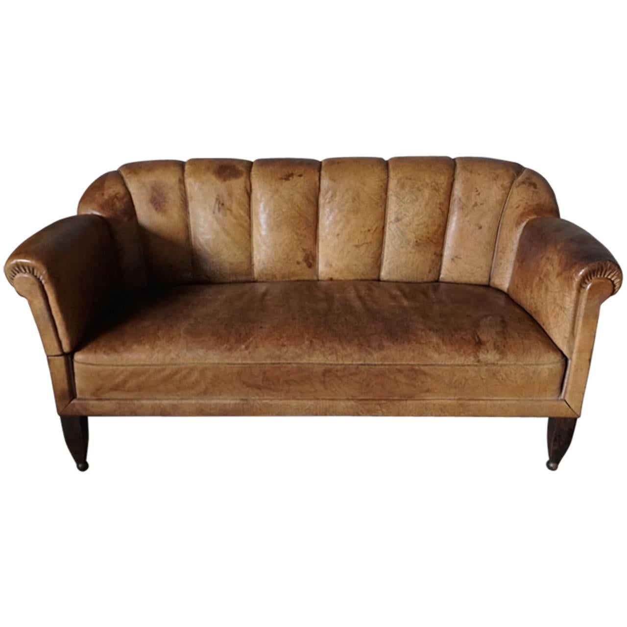 German Art Deco Club Sofa or Chaise Longue, 1930s Cognac Leather