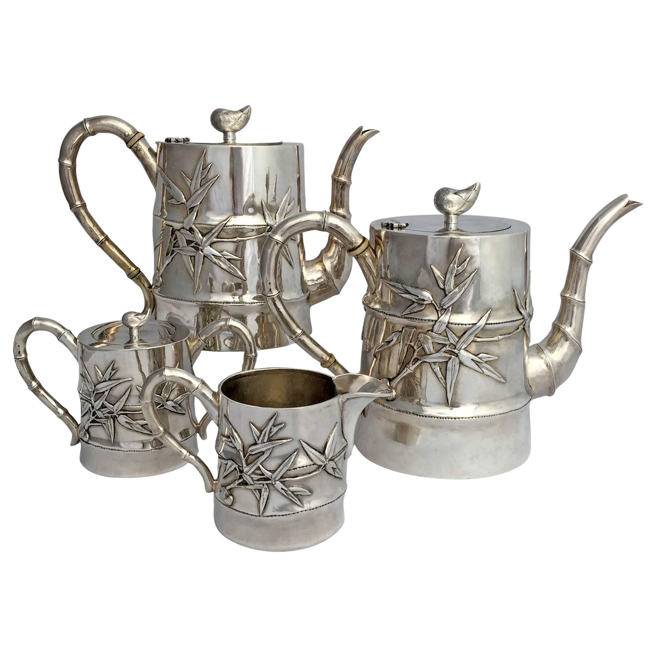 Chinese Export Silver Bamboo Motif Art Deco Four-Piece Tea and Coffee Set For Sale