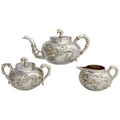 Late 19th Century Chinese Export Three-Piece Dragon Tea Set by Kuen Wo