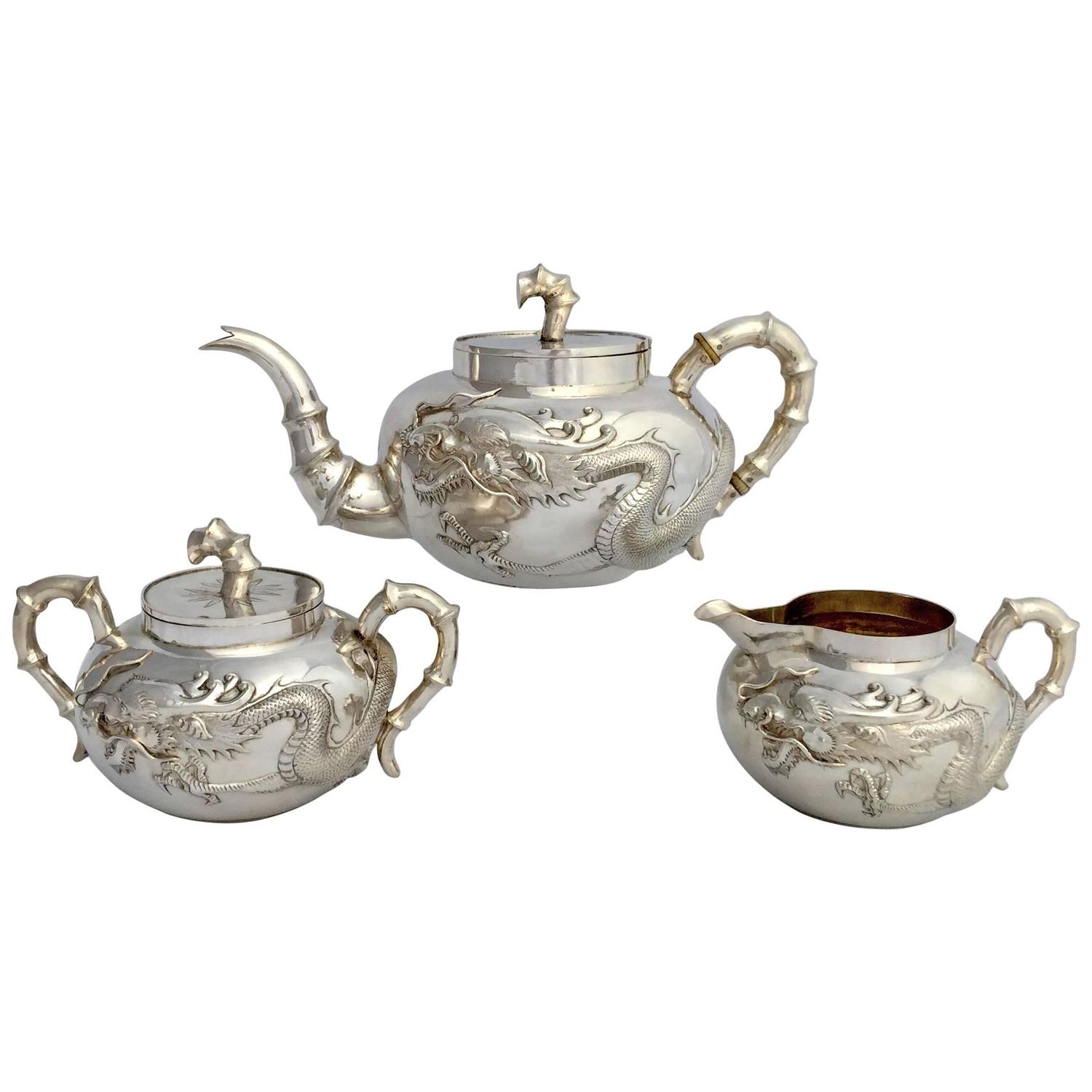 Late 19th Century Chinese Export ThreePiece Dragon Tea Set by Kuen Wo