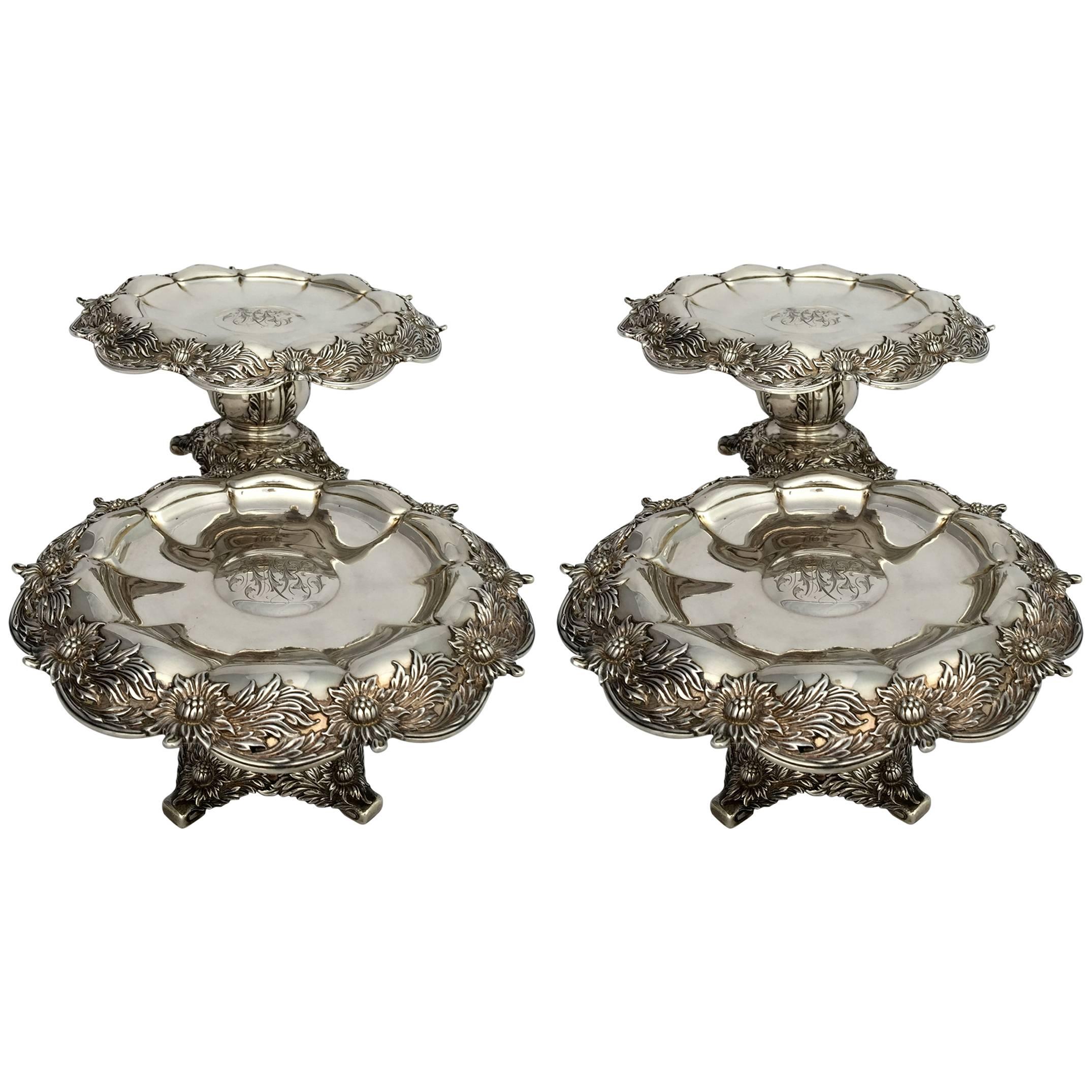 Pair of Fine Early 20th Century Tiffany Tazzas in the Chrysanthemum Pattern