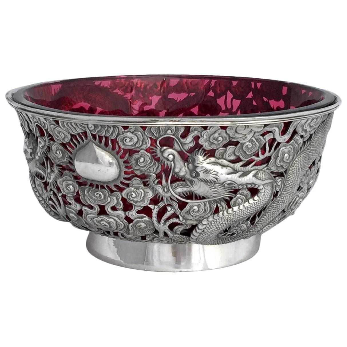 Chinese Export Silver Curved Dragon Bowl with Cranberry Glass Liner For Sale