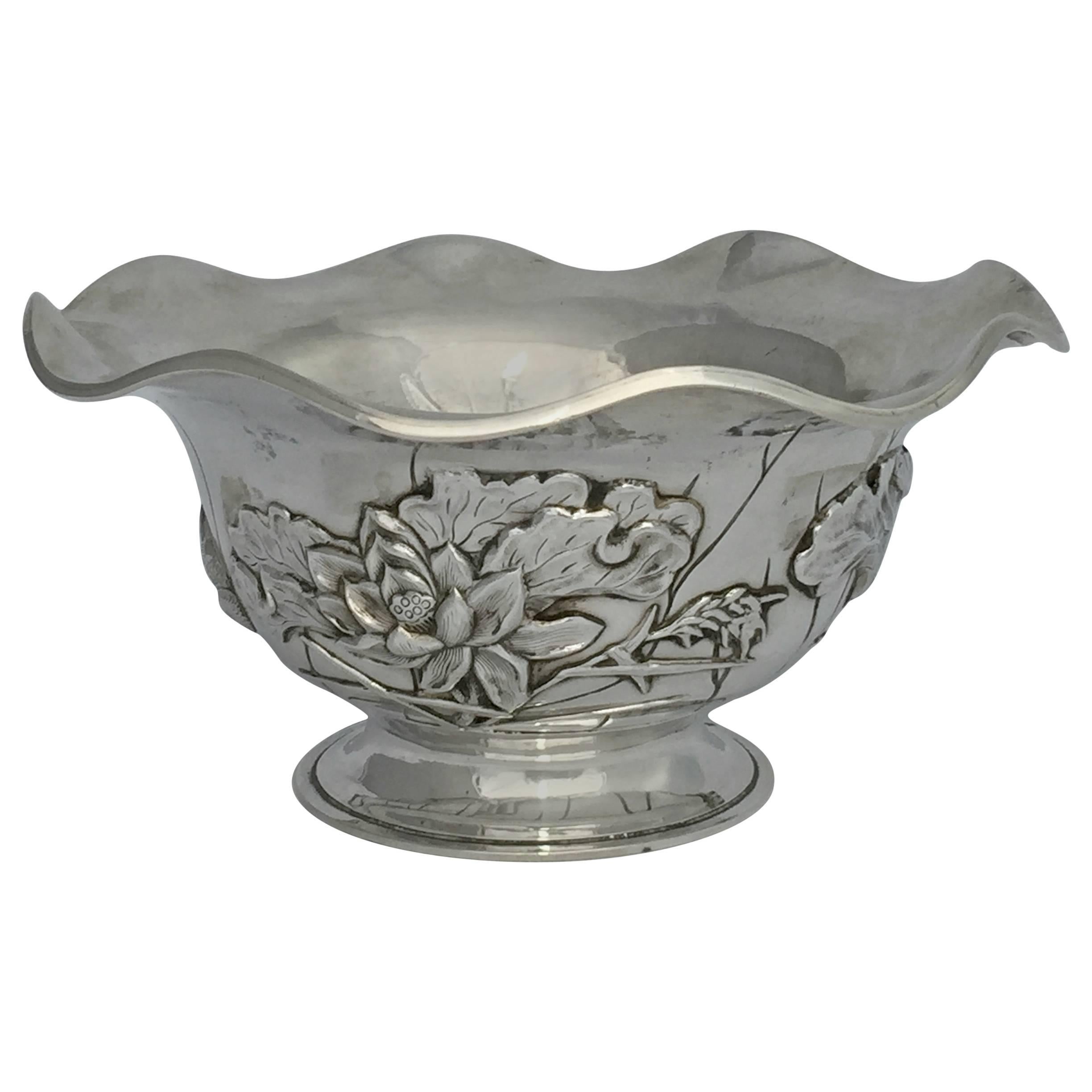 Chinese Export Silver Bowl by Luen Wo with Lotus Detail