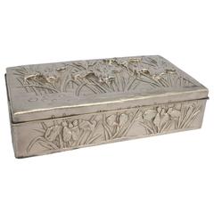 Japanese Export Silver Art Nouveau Influenced Large Table Box with Iris Detail