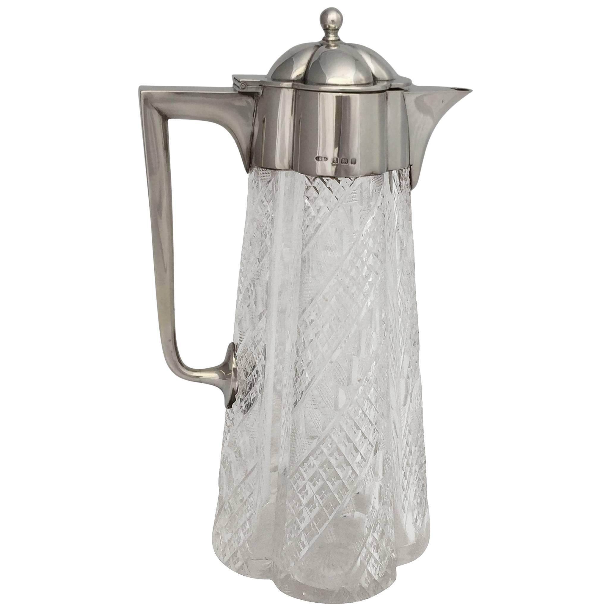 Edwardian Sterling Silver and Cut Crystal Claret Jug with Art Nouveau Influence For Sale