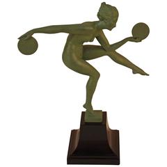 French Art Deco Female Nude Disc Dancer Statue by Derenne