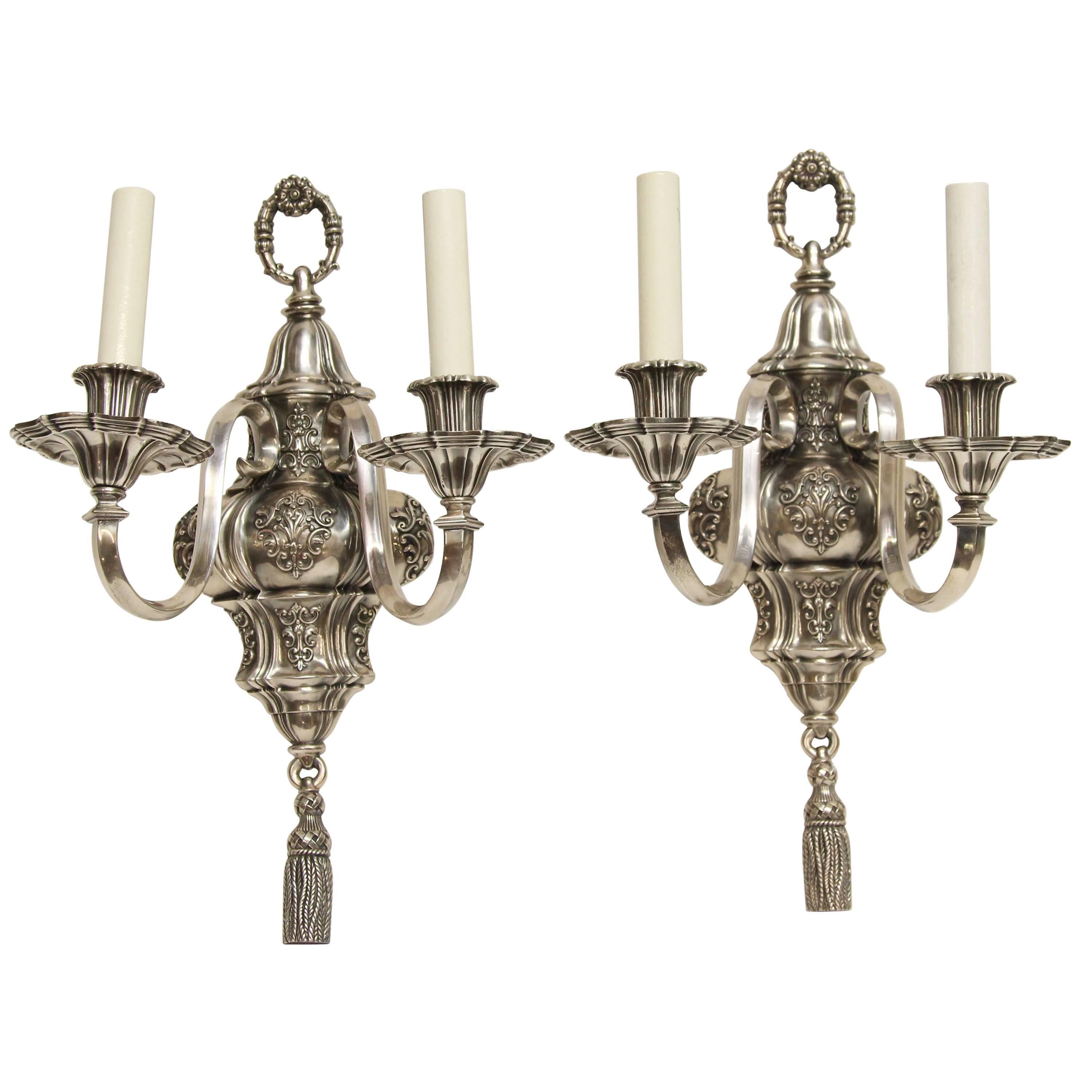1920s Pair of Ornate Georgian EF Caldwell Two-Arm Silver over Bronze Sconces