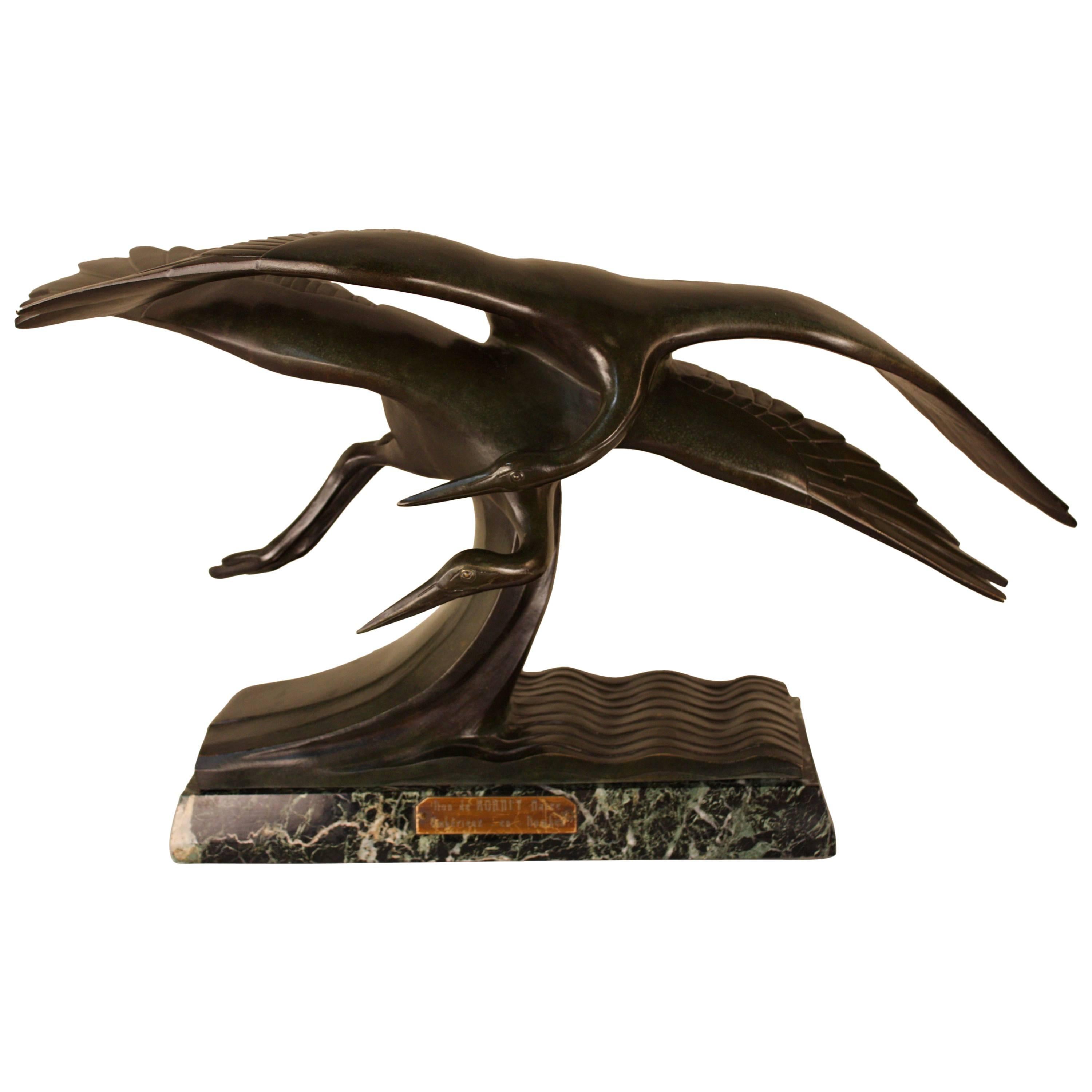 French Art Deco Bronze Bird in Flying Motion Sculpture by Alexandre Kelety