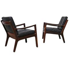 Pair of Rosewood and Leather Lounge Chairs by Ole Wanscher