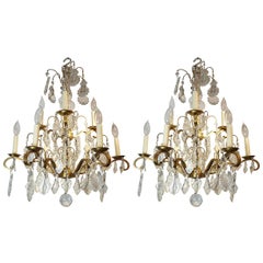  Nine-Arm Crystal and Gilt Brass Louis XV Style Chandeliers
