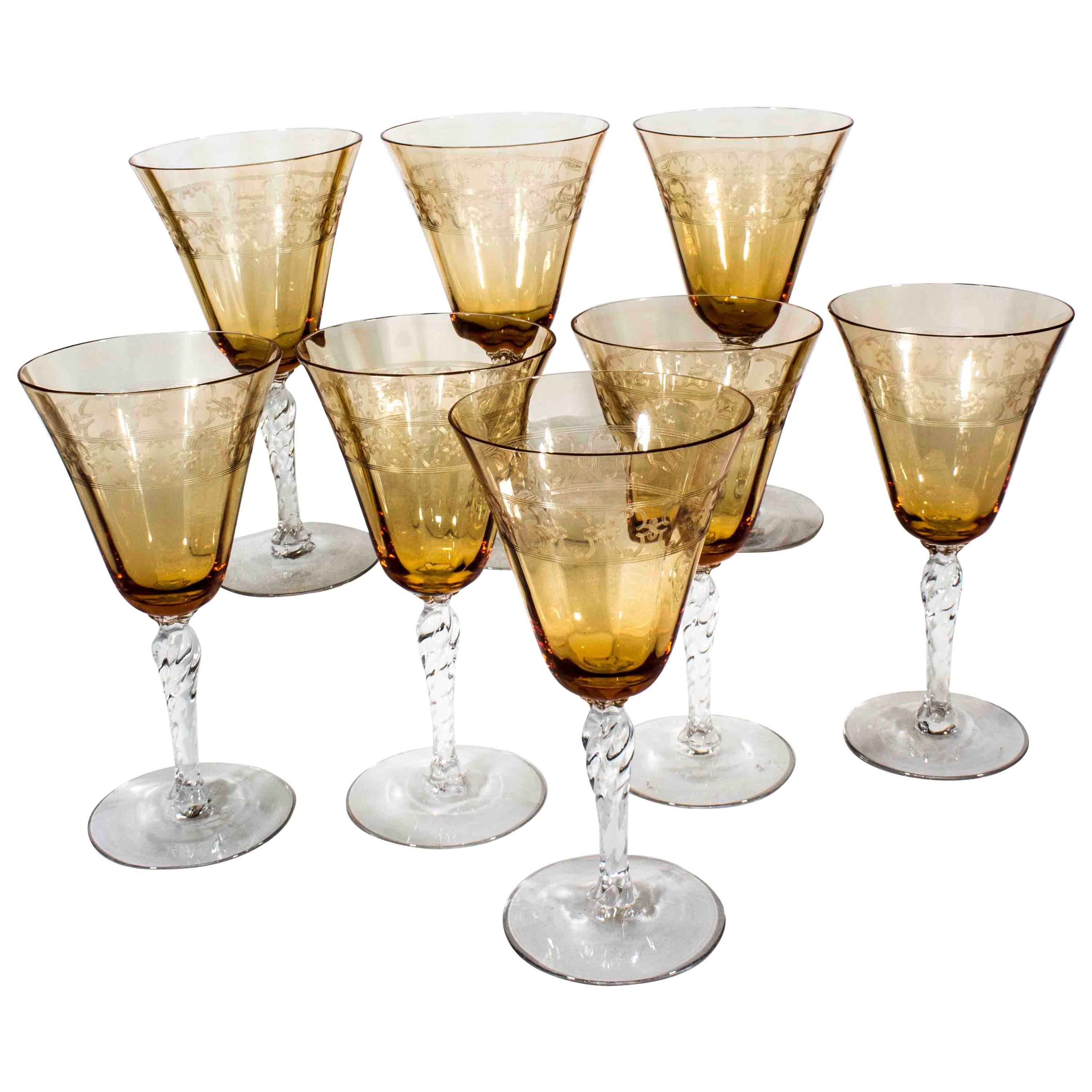 Vintage Etched Amber Crystal Wine Glasses