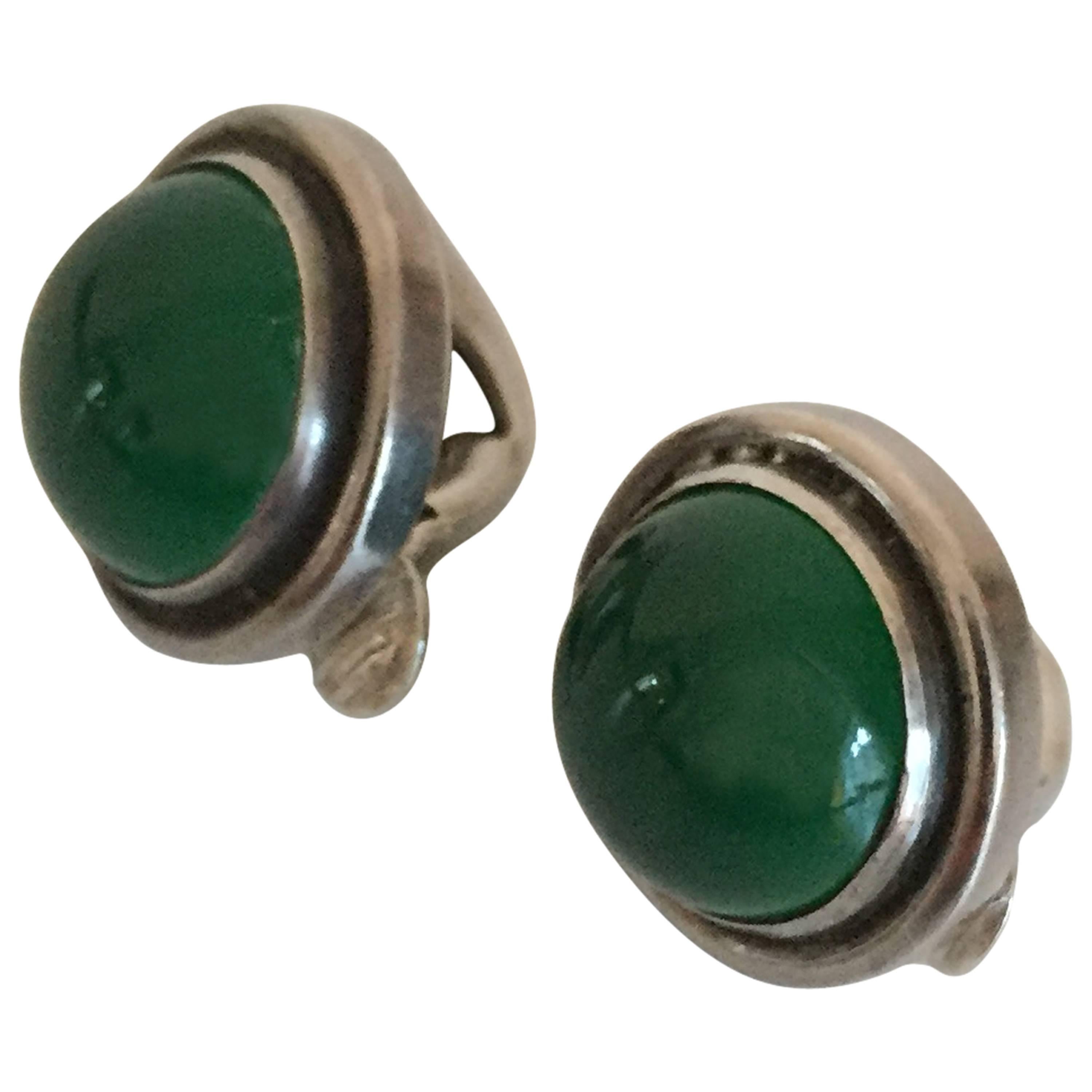 Georg Jensen Sterling Silver Earclips with Green Agate For Sale