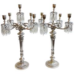 Antique Pair of Large Silver Plate and Crystal Regency-Style Candelabras