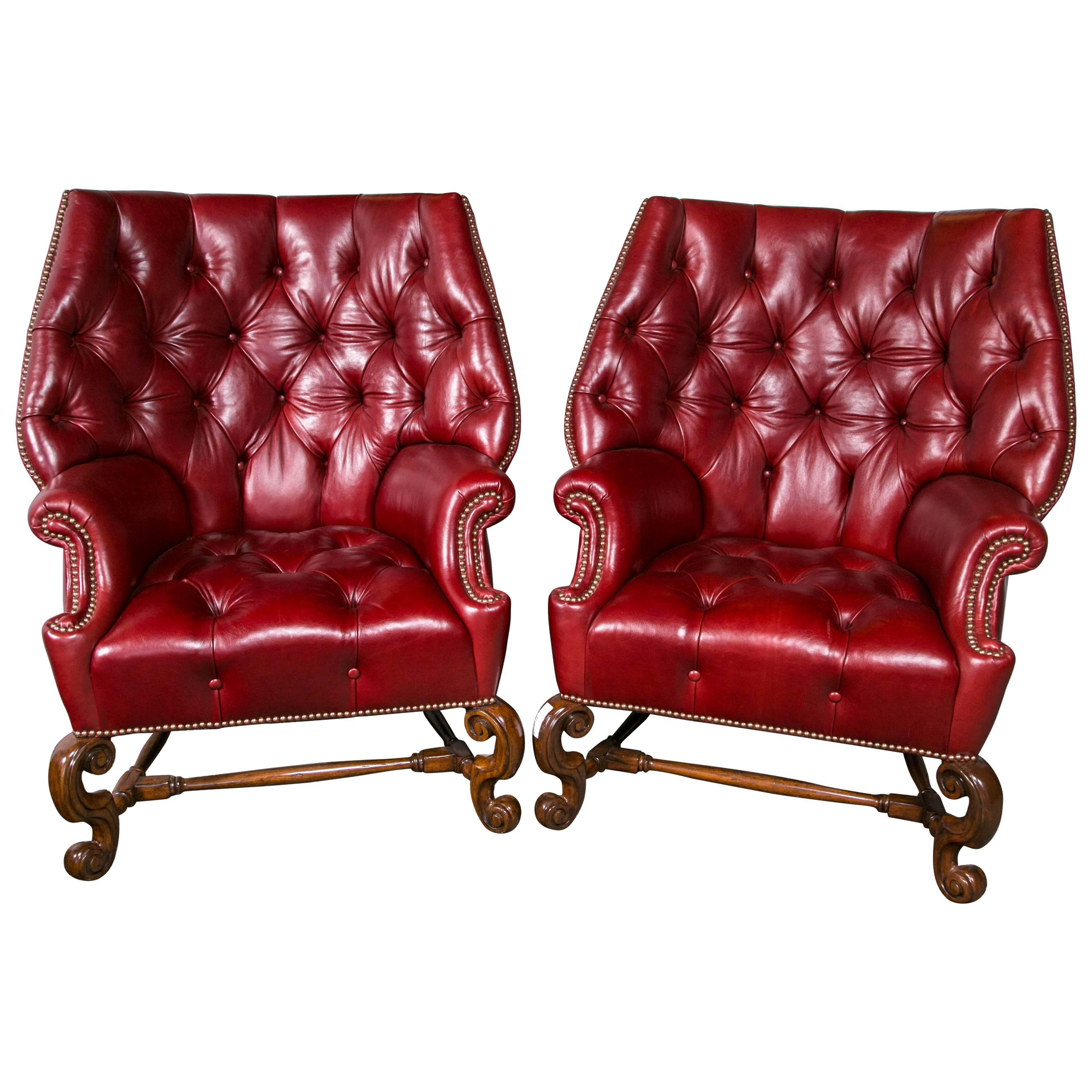 Pair of Oversized Tufted Leather Wingback Chairs at 1stDibs