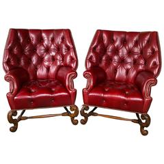 Antique Pair of Oversized Tufted Leather Wingback Chairs