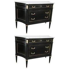 Pair of Maison Jansen Ebonized Marble-Top French Commodes