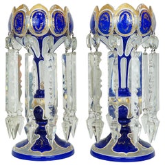 Pair of Blue and White Bohemian Overlay Luster Candelholders