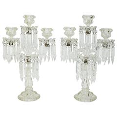 Pair of Baccarat Style Three-Light Glass Girondole Table Candelabras with Prisms