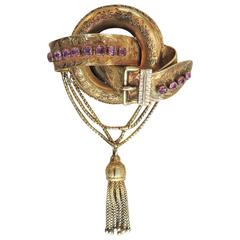 Victorian 15-Carat Gold Buckle Shape Brooch with Pink Rubies