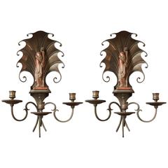 "Shou Xing under a Canopy, " Rare, Extraordinary Pair of Art Deco Sconces