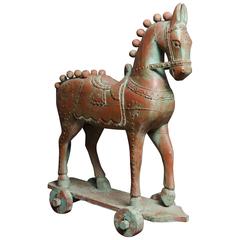 Antique Turn of the Century Indian Lacquered Temple Rolling Horse