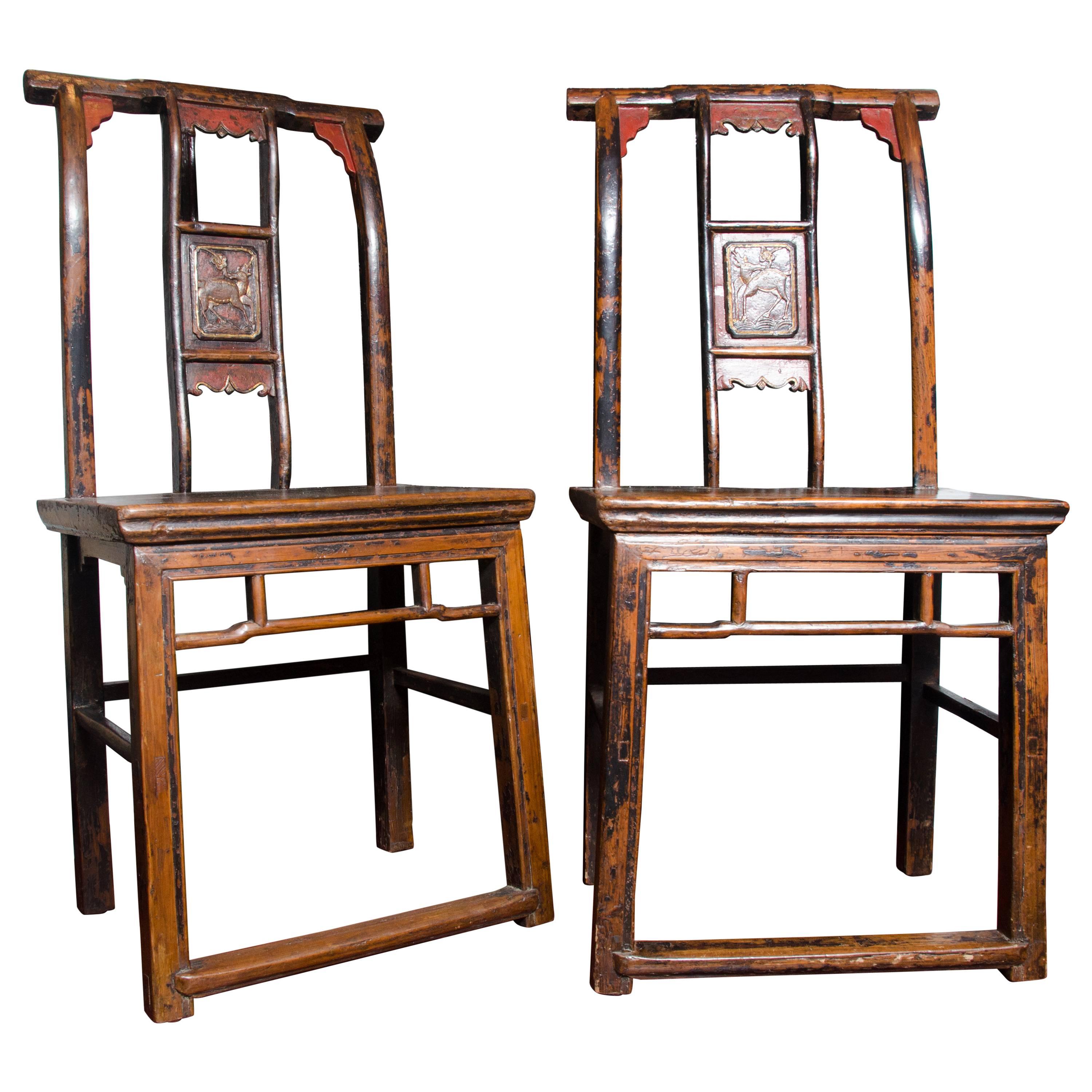 Late 19th Century Qing Dynasty Chinese Lacquered and Carved Side Chairs For Sale