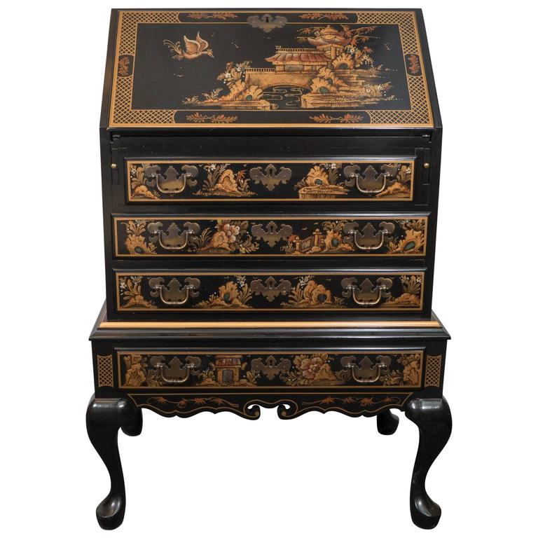 Maddox Chinoiserie Style Black Lacquer Secretaire Desk with DropFront