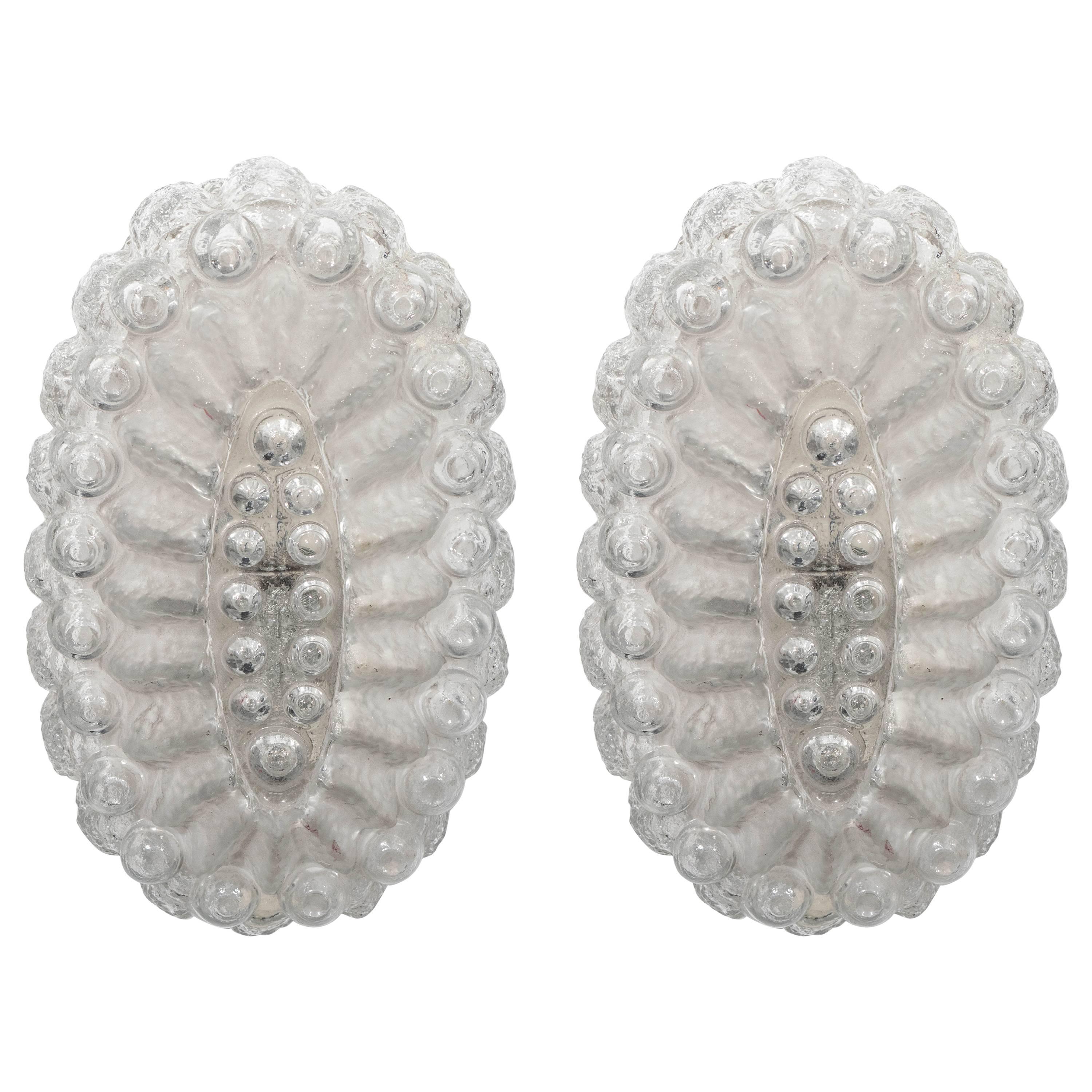 Midcentury Oval Sconces in Textured Glass with Frosted Detail