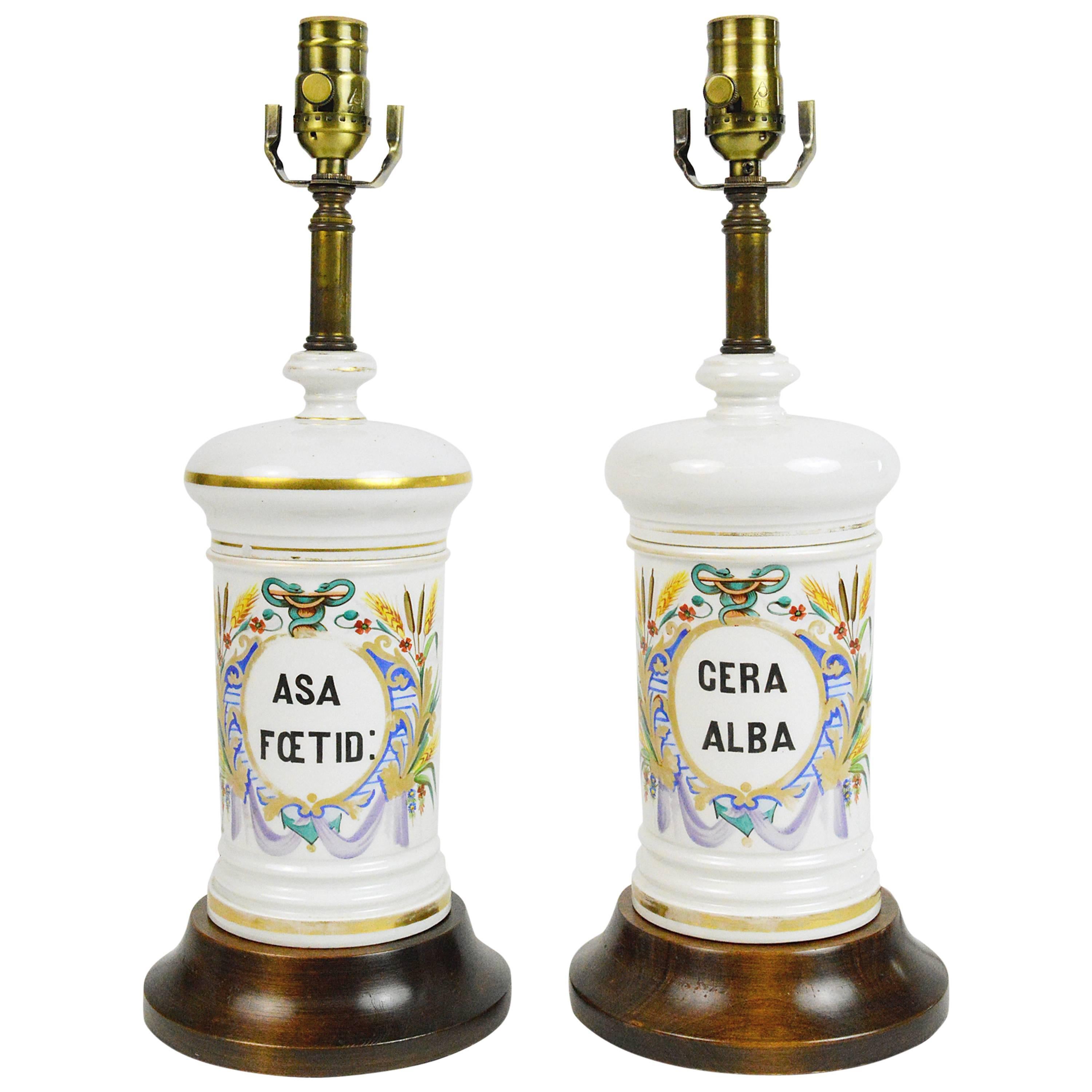 Pair of French Hand-Painted Porcelain Apothecary Jar Lamps For Sale