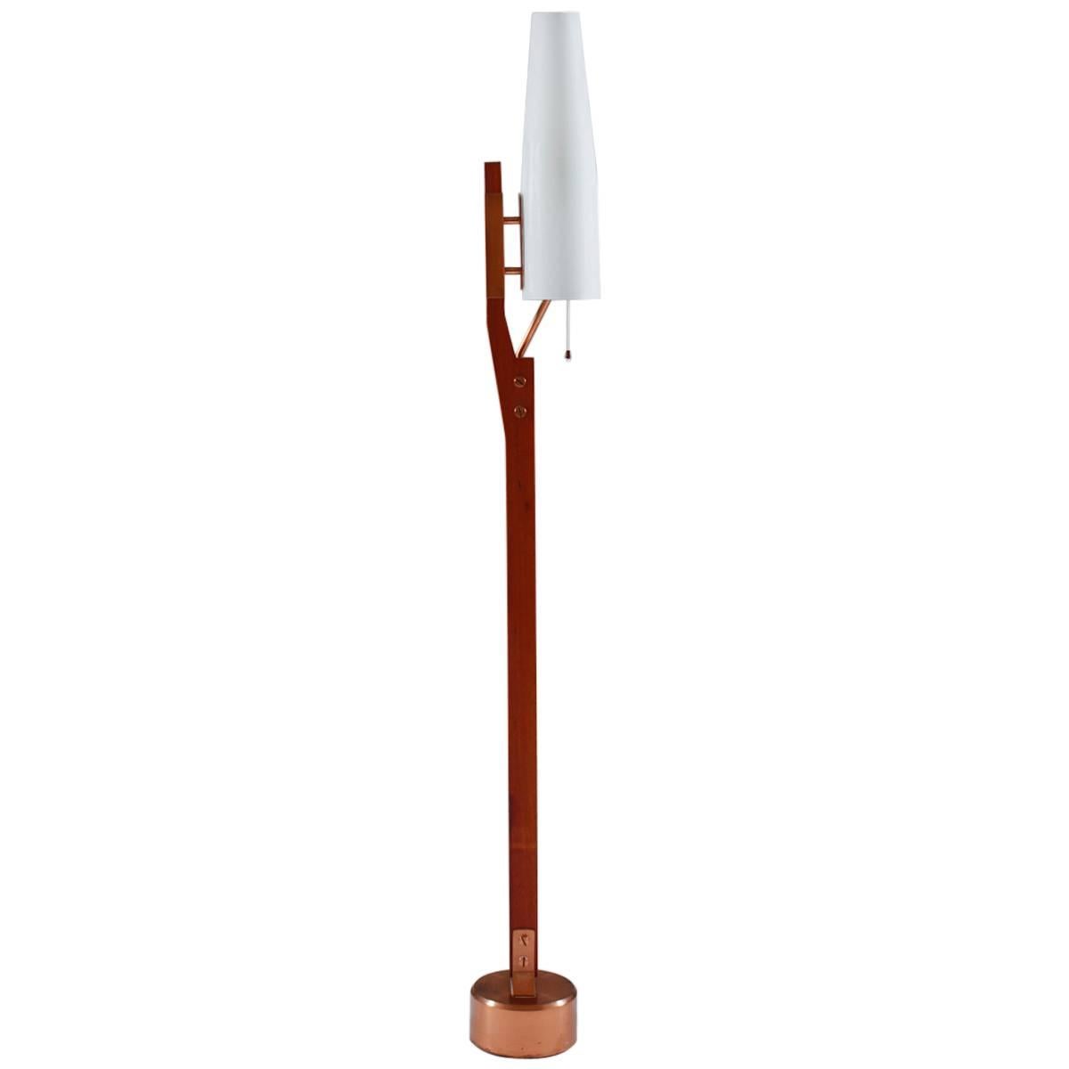 Very Rare Floor Lamp by Orrefors in Teak, Copper and Opaline Glass For Sale