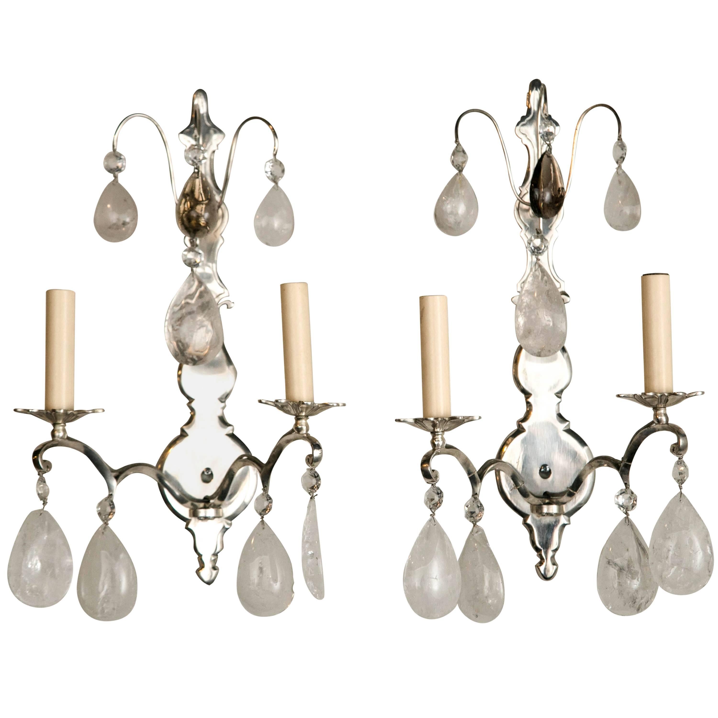 Silver Plated Bronze Rock Crystal Sconces For Sale