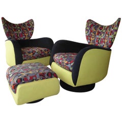 Pair of Vladimir Kagan Lounge Chairs for Directional with Ottoman