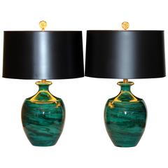Pair of Vintage Bitossi Italian Art Pottery Green Marbleized Lamps