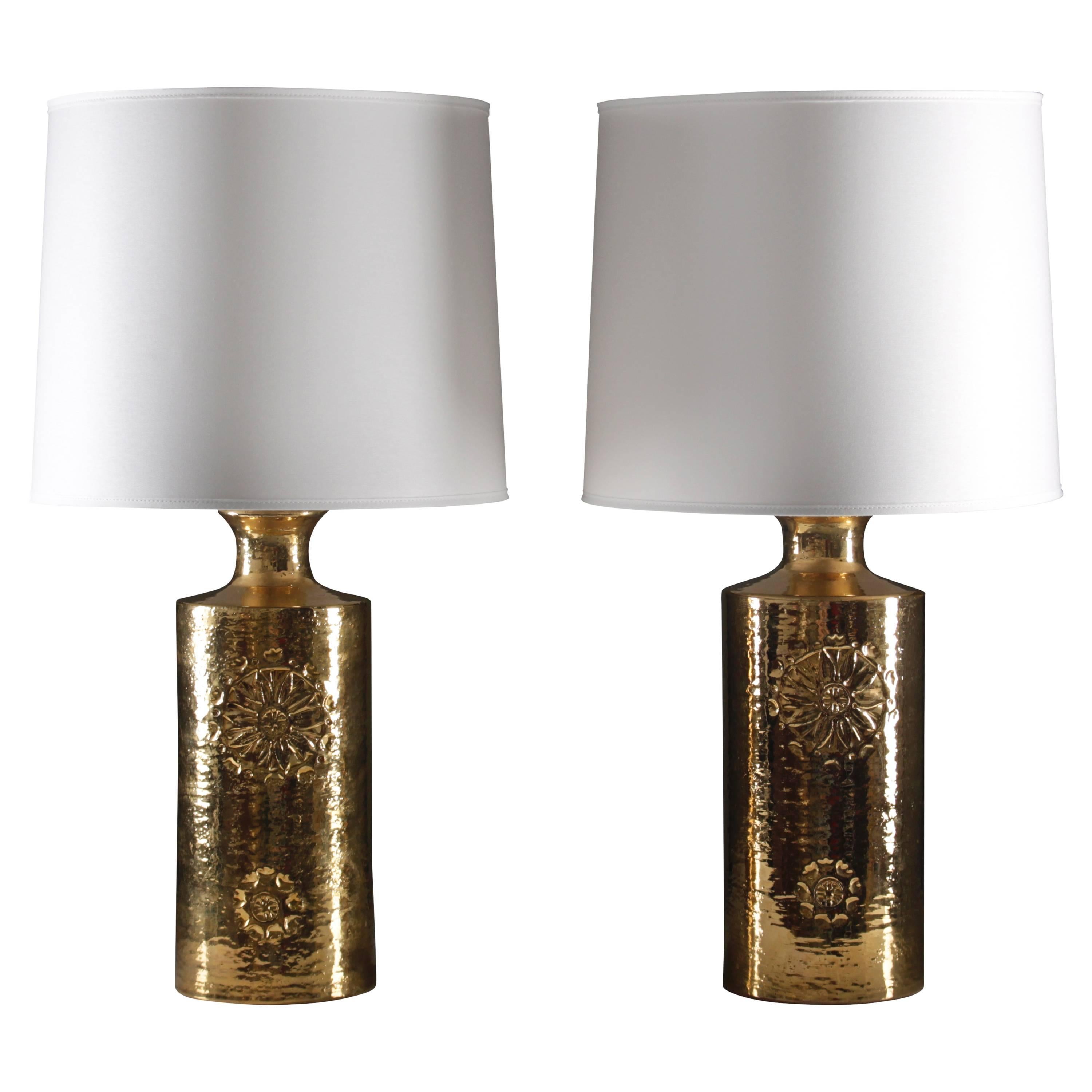 Pair of 22-Karat Gold Glazed Ceramic Lamps by Bitossi for Bergboms