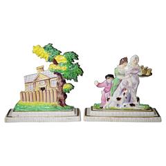 Porcelain Figures of a House and a Family Modeled on Stepped Bases