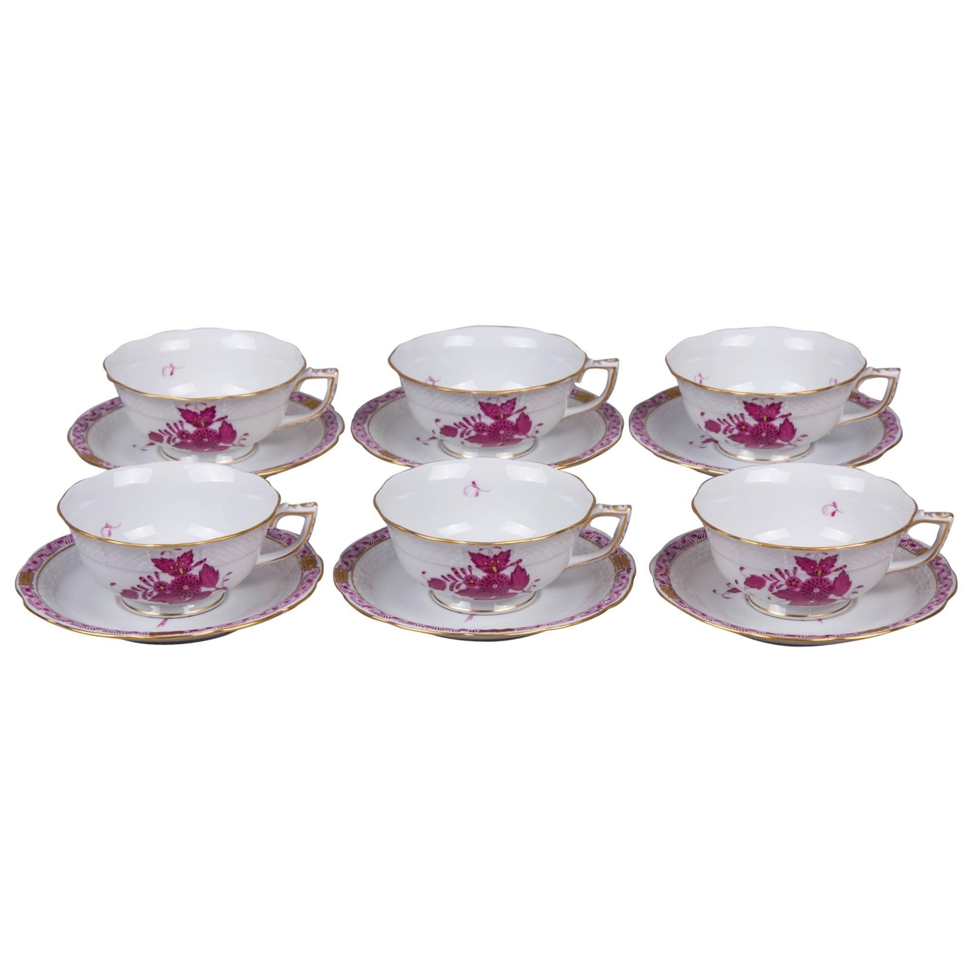 Set of Six Herend Chinese Bouquet Raspberry Tea Cups, circa 1960