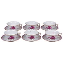 Retro Set of Six Herend Chinese Bouquet Raspberry Tea Cups, circa 1960