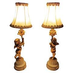 19th Century Continental Gilt Bronze Cherubic Lamps