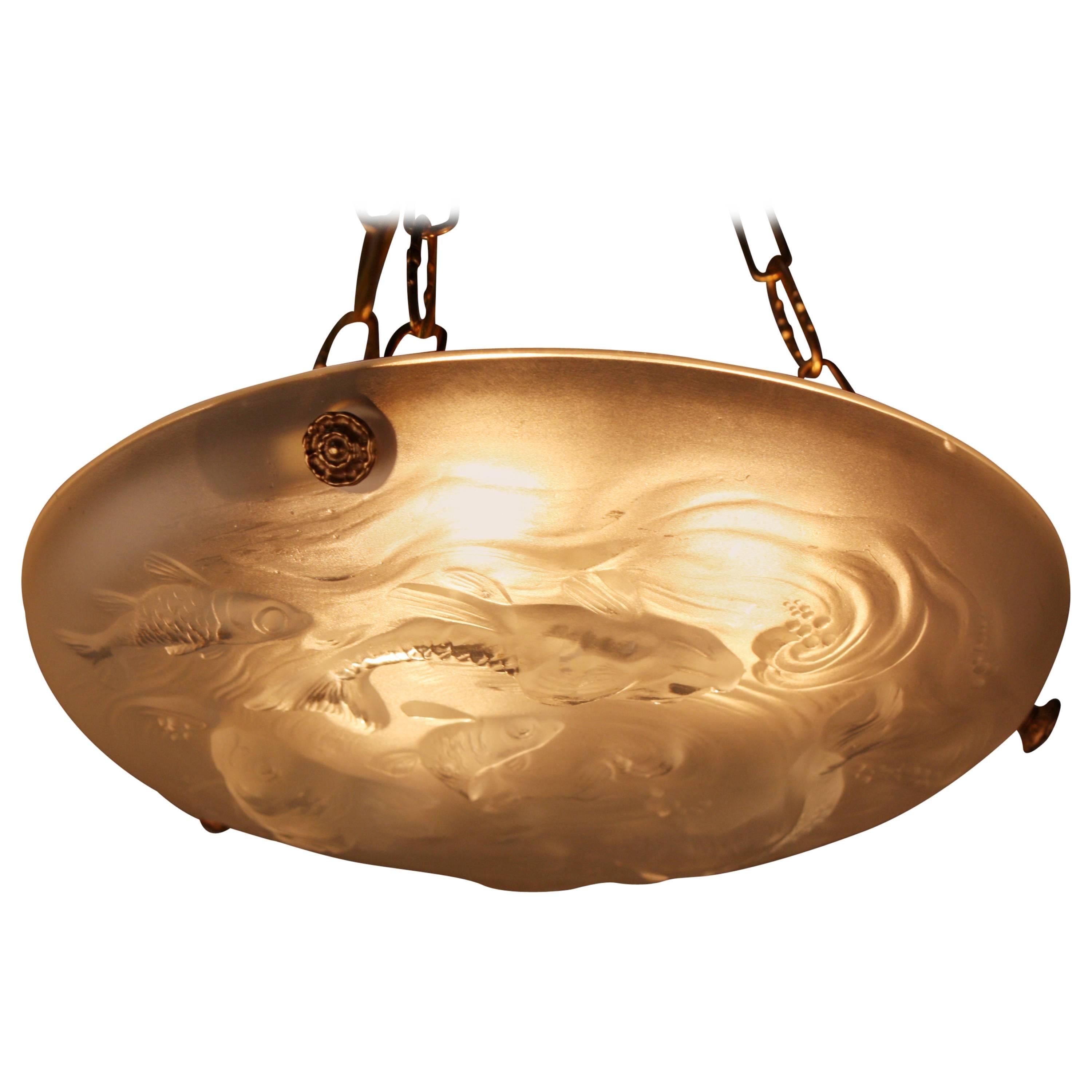 Art Deco Glass Pendent Light with Goldfish Swimming High Relief by Verlys